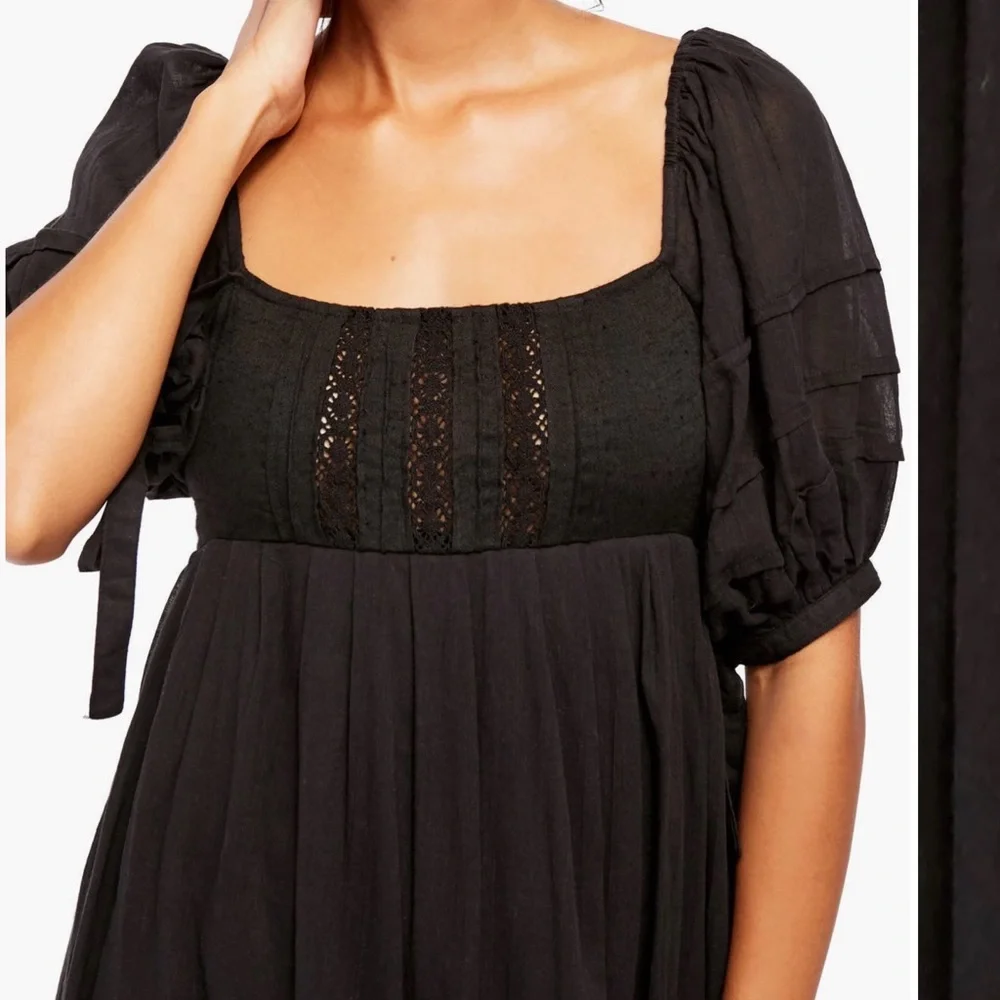 Free People Let’s Be Friends Black Summer Midi Dress Women’s Size S Puff Sleeve - Picture 3 of 16